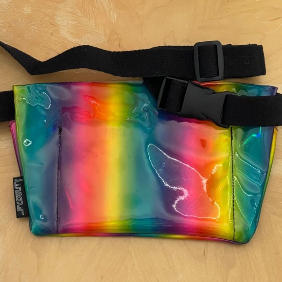 Fydelity Holographic Metallic Rainbow Ultra-Slim Fanny Pack 9" x 5.5" x 1" - Picture 2 of 5